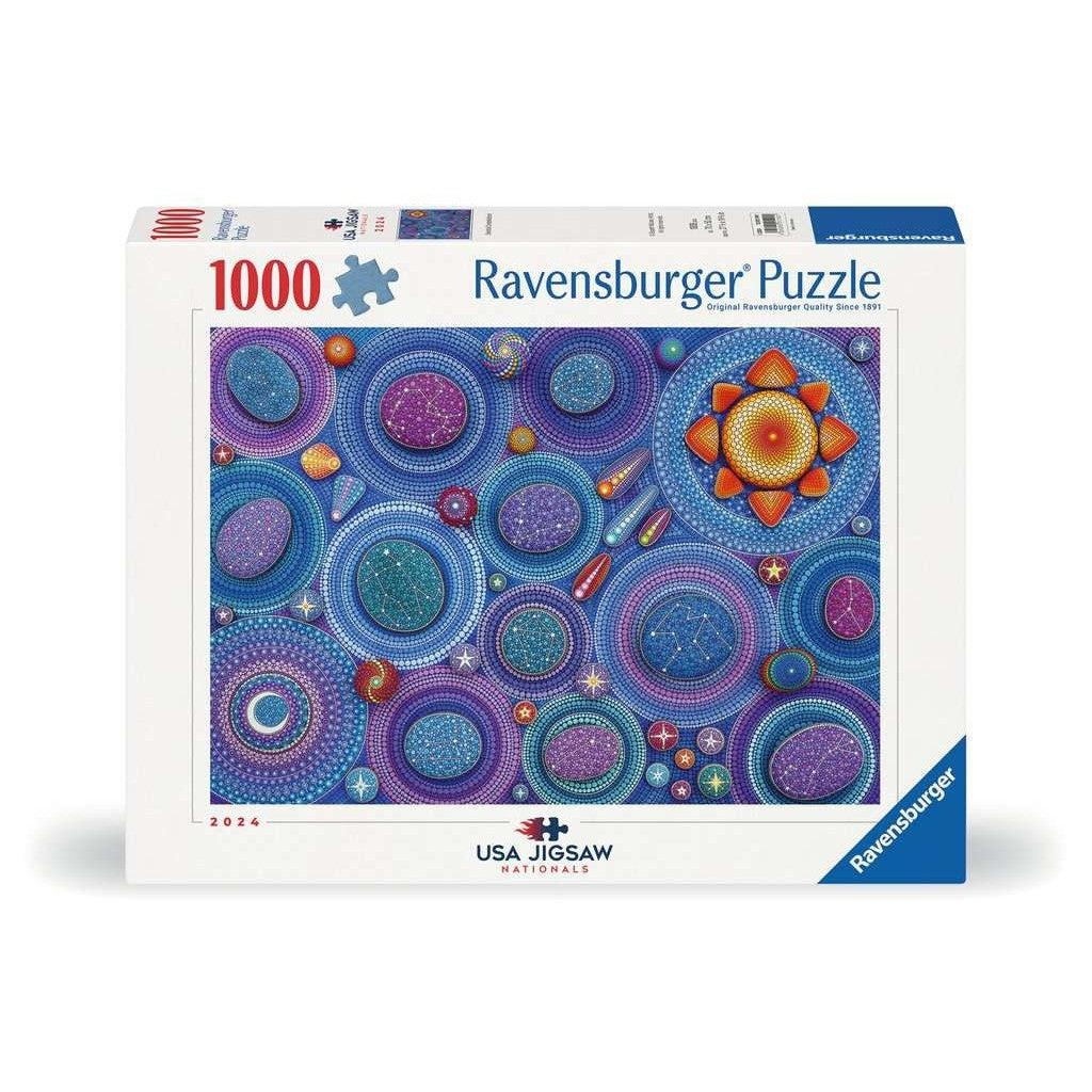 Puzzle box with 1000 pieces, featuring a colorful, abstract circular design. Ravensburger branding and USA Jigsaw seal are visible.