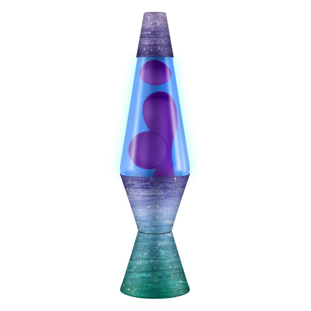 A blue and purple LAVA® Lamp with calming, swirling wax blobs inside.