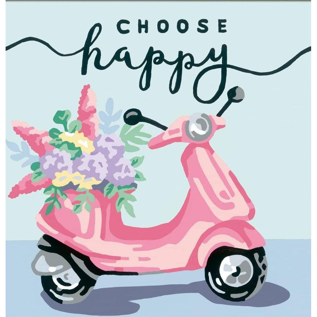 painting of a pink vespa holding flowers with the text "choose happy" overhead