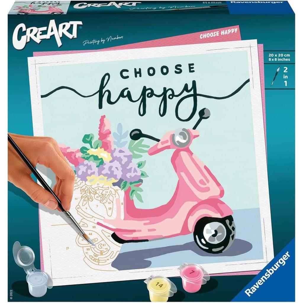 This Ravensburger paint-by-numbers kit features a charming pink scooter adorned with flowers. The uplifting message "Choose Happy" graces the top, while arts and crafts enthusiasts will appreciate the included paint pots and brush at the bottom of the scene.