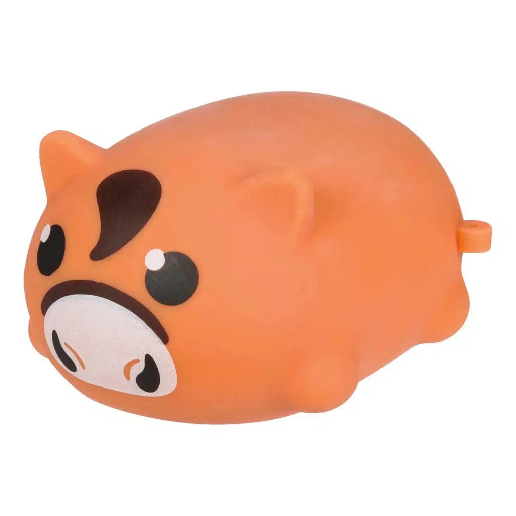 A small, orange rubber horse toy with a black stripe and two large eyes, perfect for stress relief. This delightful fidget toy brings the charm of squishy cartoon barnyard animals to your desk or home.