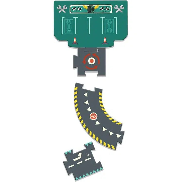 Illustration of a modular racetrack featuring Crazy Motors cars at the start line, a curved roadway, and a straight section with directional markings, all set within a giant circuit.