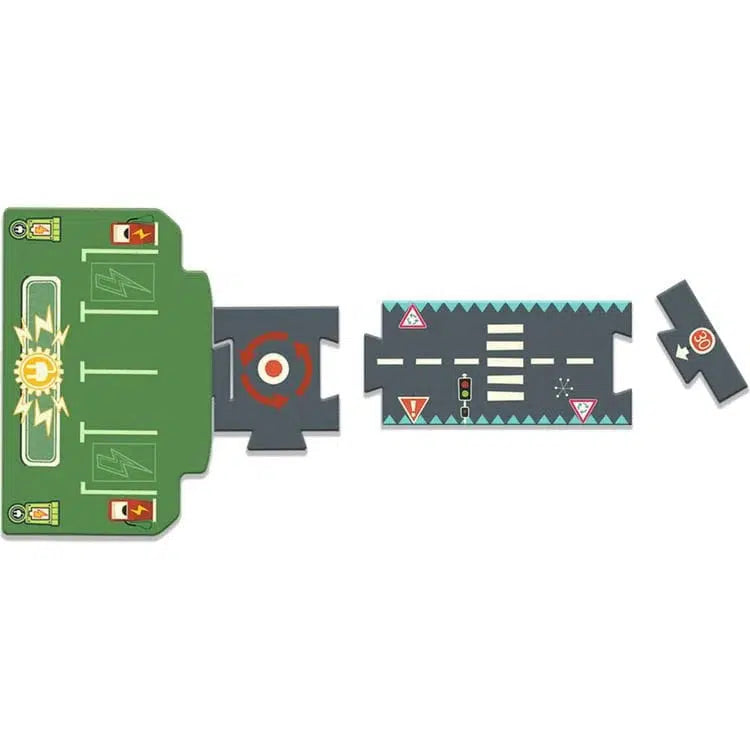 Toy road puzzle pieces with a traffic light, crosswalk, and road signs. Circuit pieces showcase intricate details alongside vibrant Crazy Motors cars. Two connected sections lie on green and black backgrounds, while one small piece remains separate, perfect for large car parks.