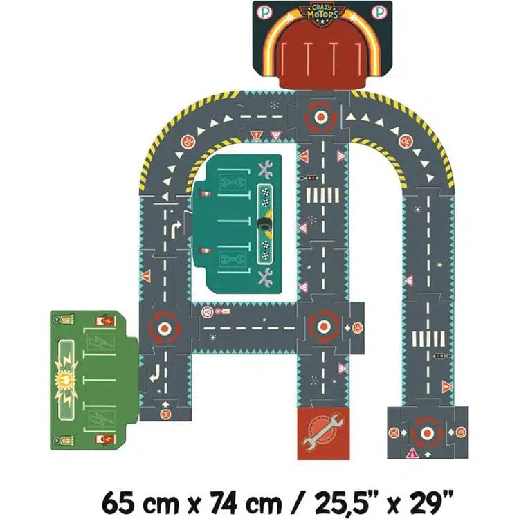 Illustrated toy car playmat featuring a thrilling circuit with roads, parking lots, and a garage, perfect for Crazy Motors cars. Dimensions are 65 cm x 74 cm (25.5" x 29").