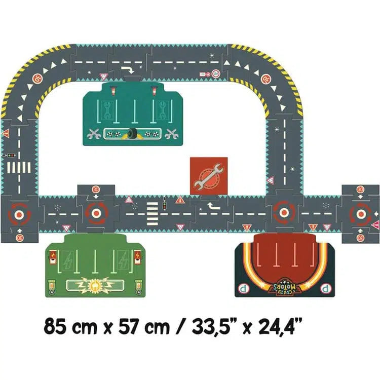 This vibrant illustration of a toy car track, designed for ages 3 - 9 years, showcases various road segments in colorful designs. Perfect for Crazy Motors cars and measuring 85 cm x 57 cm (33.5" x 24.4"), it resembles an engaging circuit puzzle that sparks endless fun.