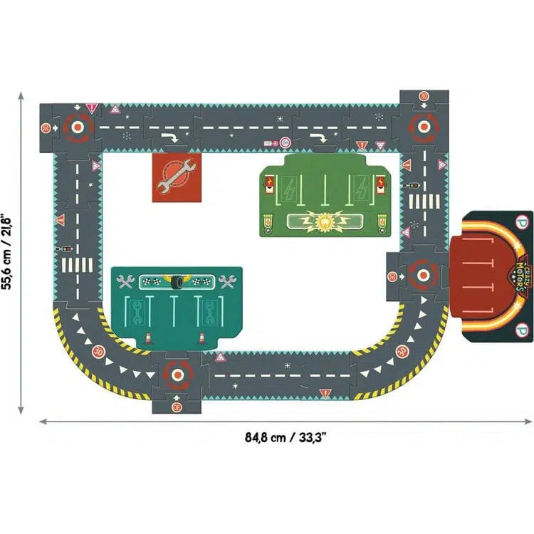 This giant circuit toy racetrack layout features various roads, intersections, and parking spaces, measuring 55 cm by 84.8 cm. Perfect for Crazy Motors cars enthusiasts, it's like a 24-piece puzzle that brings endless fun and creativity to life.