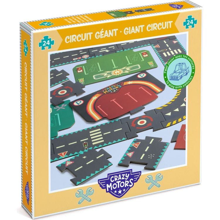 A box of "Giant Circuit" puzzle pieces featuring road segments and signs, perfect for constructing toy car tracks and fueling the excitement of Crazy Motors cars.