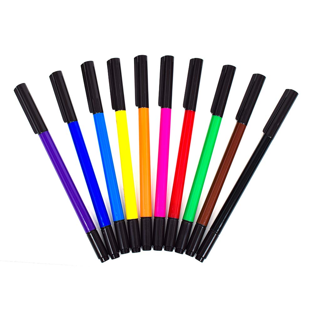 A neatly arranged set of eleven colorful Djeco felt tip brushes with black caps, featuring purple, blue, light blue, yellow, orange, pink, red, green, brown, dark brown, and black—perfect for adding a pop of color to your artwork.