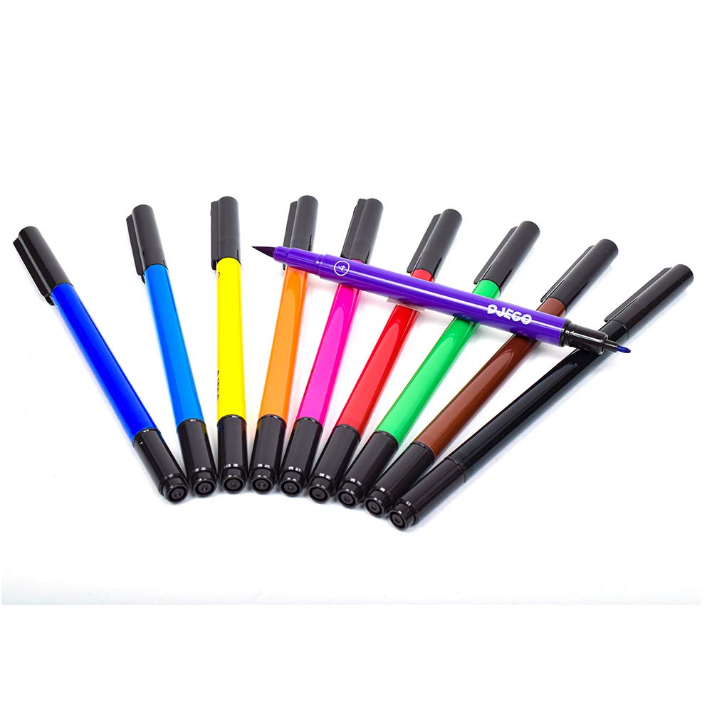 A vibrant assortment of Djeco felt tip brushes is arranged in a semi-circle on a pristine white background.