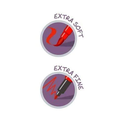 Illustration depicting two felt tip brushes: one with a wavy line labeled "Extra Soft" and the other with a zigzag line labeled "Extra Fine." Perfect for creative minds, whether crafting art or indulging in Djeco's artistic toys and games.