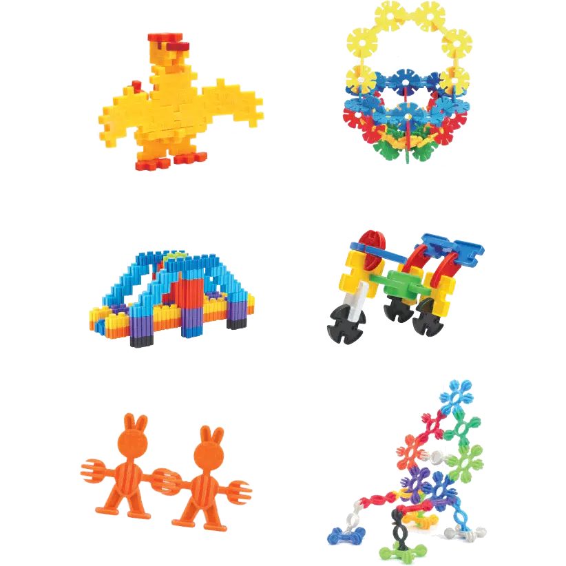 Six vibrant structures crafted from Clever Connectors include a yellow chicken, circular design, bridge, vehicle, a pair of orange figures, and a chain of linked loops. These colorful building blocks by Toysmith spark creativity and endless fun for all ages.