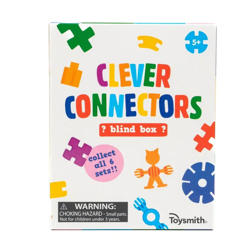 The Toysmith "Clever Connectors" blind box boasts colorful packaging with playful symbols and a warning about small parts for children under 3. Perfect for ages 5 and up, these engaging building blocks spark creativity and fun.