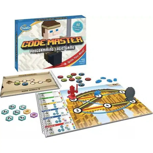 Code Master board game enhances problem-solving skills with a programming logic theme, featuring a game board, tokens, and an instruction booklet. Suitable for ages 8 and up with 60 challenging levels.