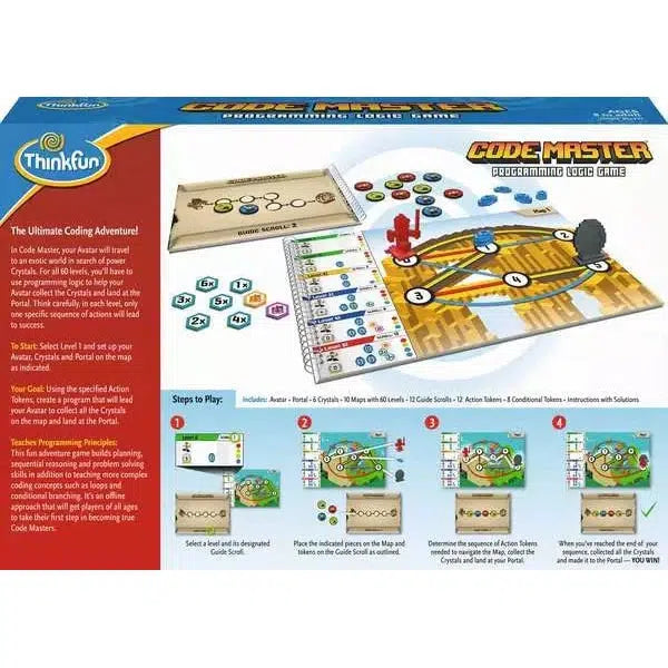 The box cover of the "Code Master" board game by ThinkFun showcases essential programming concepts with its game components like cards, tokens, and a game map. Text on the box provides instructions and details, inviting players to dive into the world of programming logic.