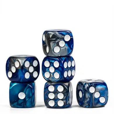 Six blue marbled dice with white dots are stacked in a stable formation on a white surface, reminiscent of D6 sets used in role-playing games like Shadowrun.