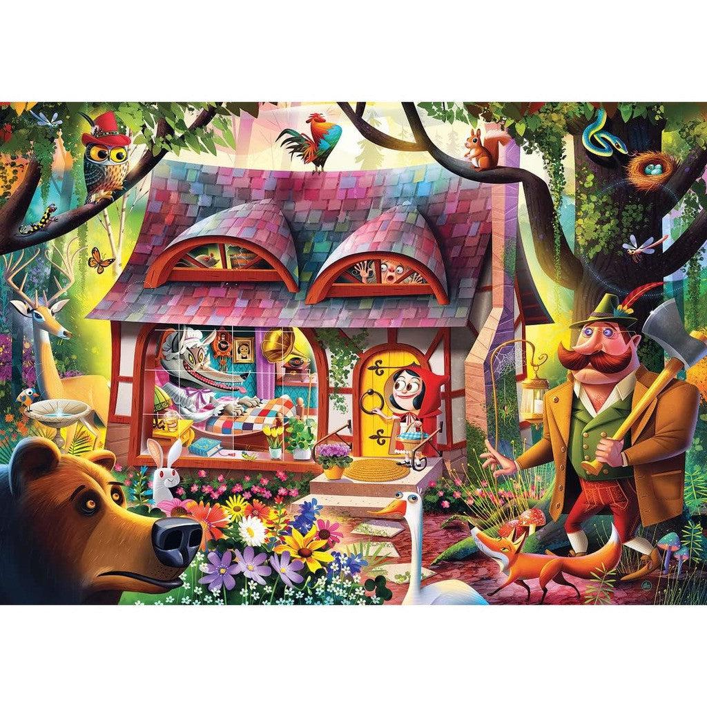 This Ravensburger Jigsaw Puzzle features a colorful fairy tale illustration of a cottage in the woods, complete with animals and a person in hunting attire outside, and a child waving from inside. Enjoy precise Softclick Technology for an enchanting puzzle experience.