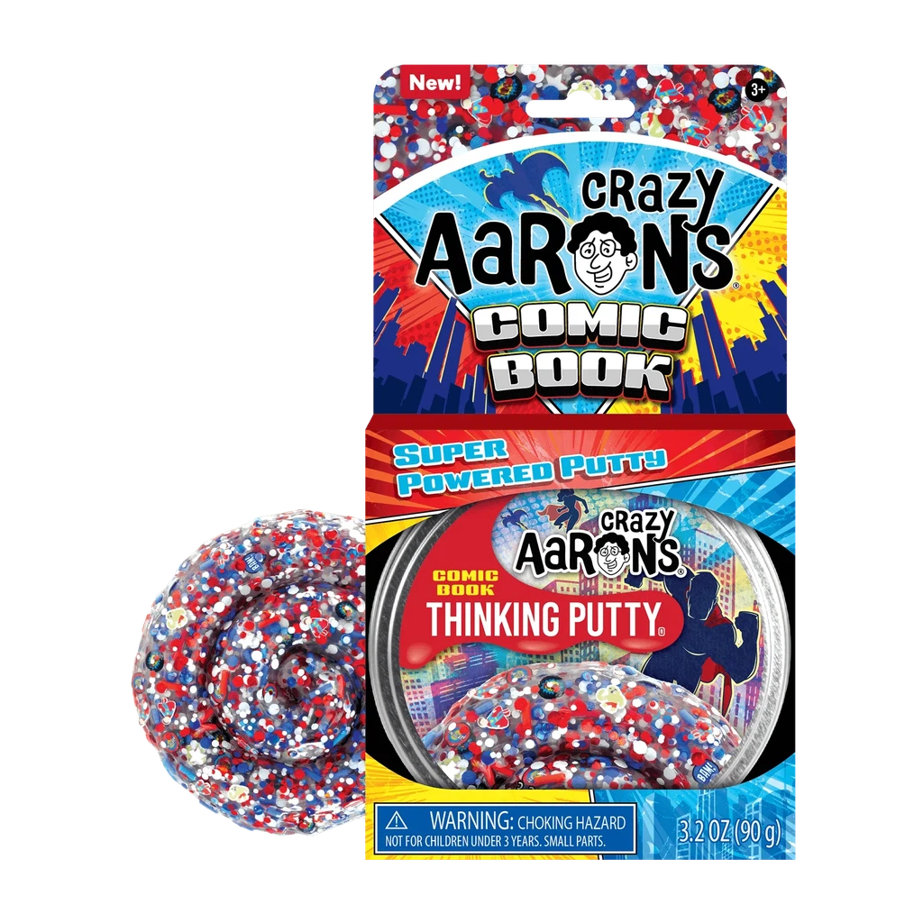 Crazy Aaron tin with packaging resembling a comic book. Comic Book putty is red white and blue with glitter and tiny pictures inside.