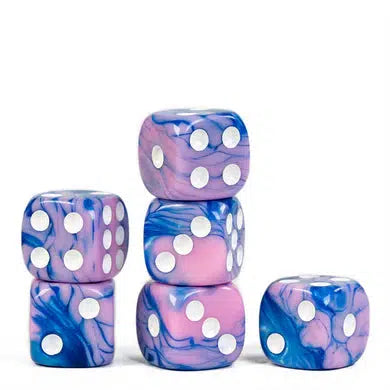 Six blue and pink swirled dice, perfect for Shadowrun sessions or other role playing games, stacked in two uneven columns against a white background.