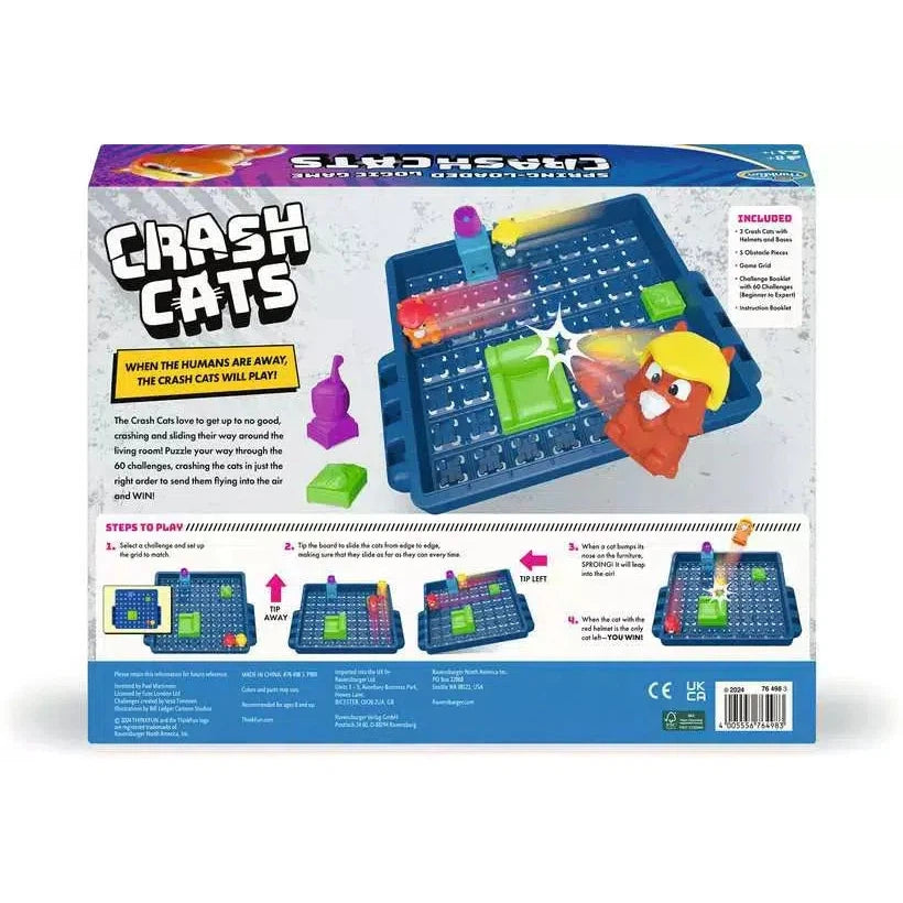 Back of a Crash Cats board game box displaying components, description, and playing instructions for this exciting sliding puzzle. Dive into a thrilling problem-solving adventure with your favorite feline friends!