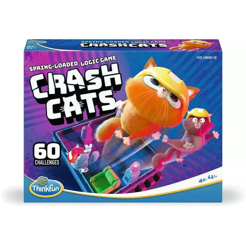 The box of "Crash Cats" game showcases three animated cats in helmets, joyfully leaping from a spring-loaded board. With 60 challenges designed to boost spatial recognition, this exciting sliding block puzzle by Thinkfun is perfect for sharpening young minds.