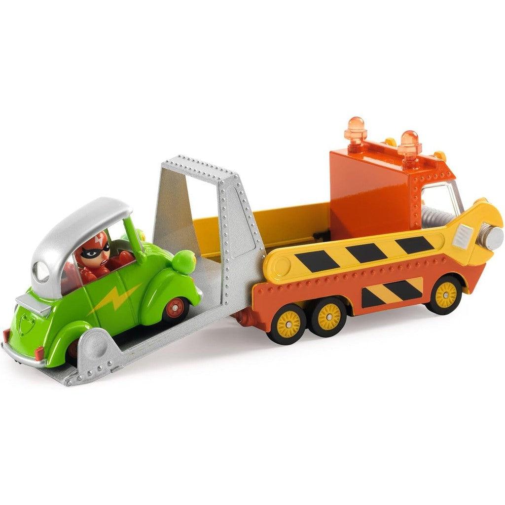 Introducing the DJECO Crazy Motors toy vehicle set featuring a green car and a red tow truck with eye-catching black and yellow stripes and lights on top. The car includes a red-suited character inside, perfect for any Toys &amp; Games collection. Get ready for wild adventures with this Crazy Truck duo!