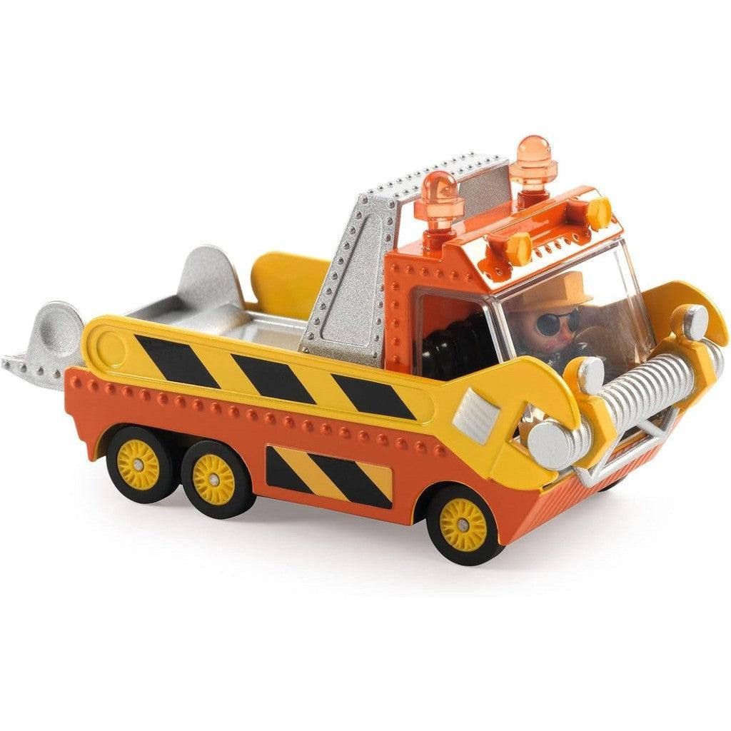 The Crazy Truck toy construction vehicle features vibrant orange and yellow colors, striking black stripes, and a visible character inside the cab. This DJECO masterpiece combines creativity with fun for endless playtime adventures.