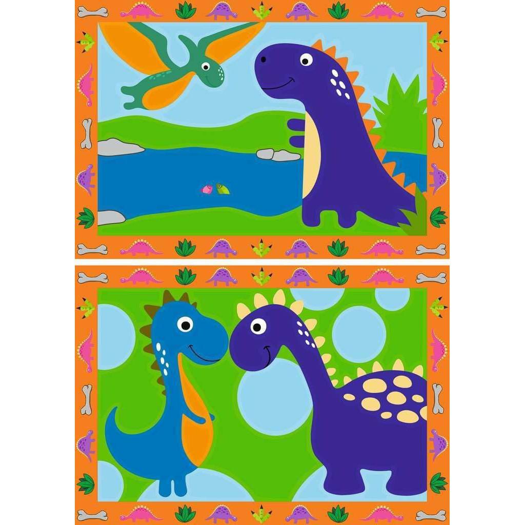 two paintings of cartoon dinosaurs that are blue