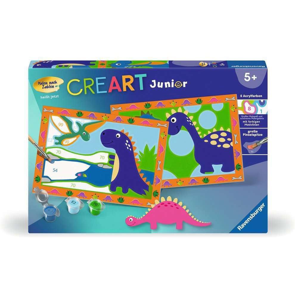 Front cover for Creart Junior painting kit showing two cartoon paintings of dinosaurs