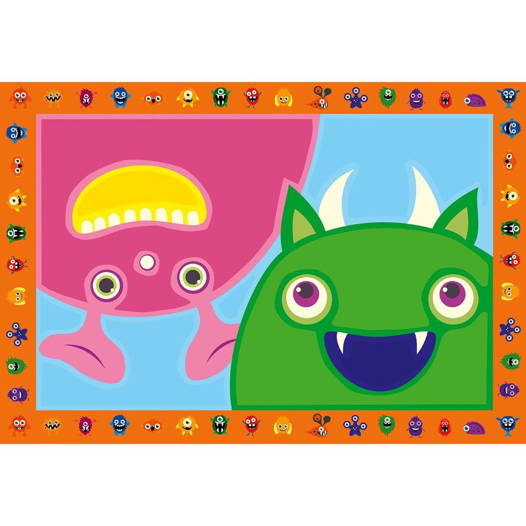 Colorful cartoon monsters with large eyes and friendly expressions are framed by smaller monster illustrations, perfect for kids. Discover this vibrant world at the Ravensburger Online Store or as a delightful paint by numbers activity.