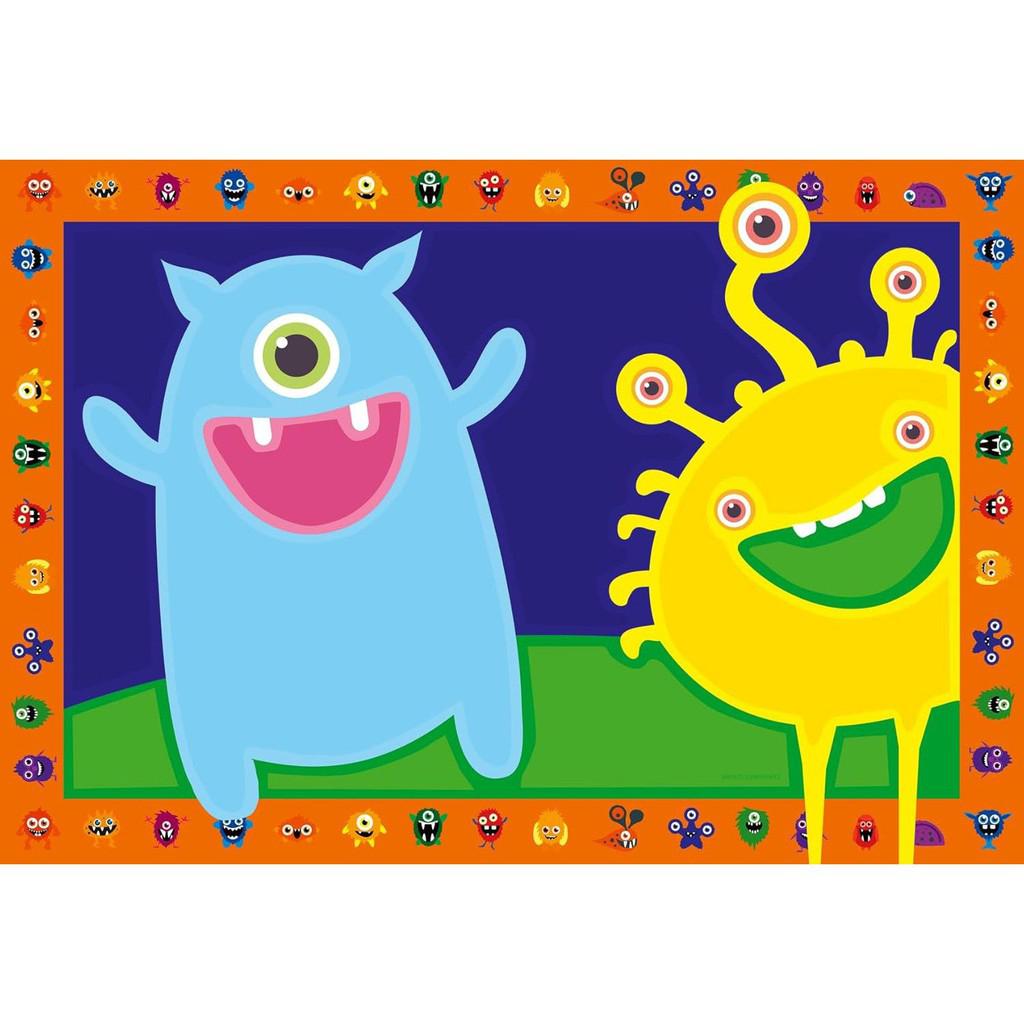 Two colorful cartoon monsters: a blue one-eyed creature with horns and a yellow monster with multiple eyes and tentacles, set against a purple background with an orange border featuring small monsters. Discover these Silly Monsters at the Ravensburger Online Store for a fun paint by numbers project.