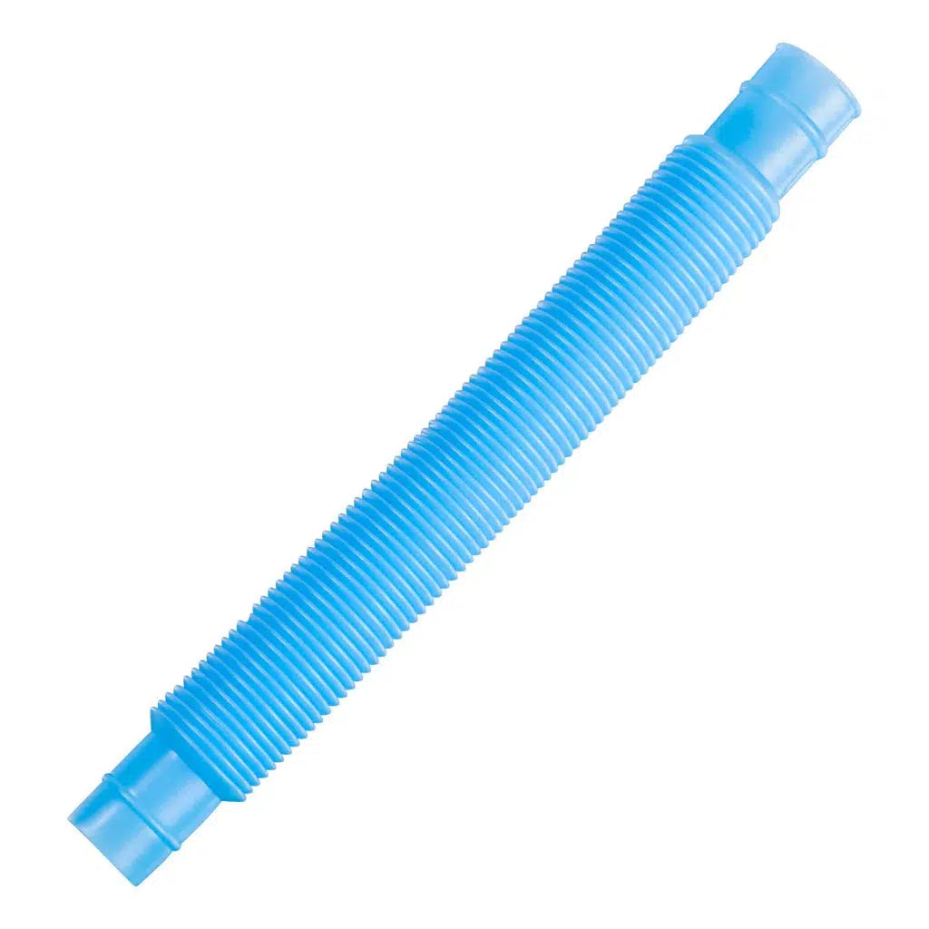 A blue accordion-like corrugated plastic tube with two open ends, perfect for tactile play and visual stimulation.