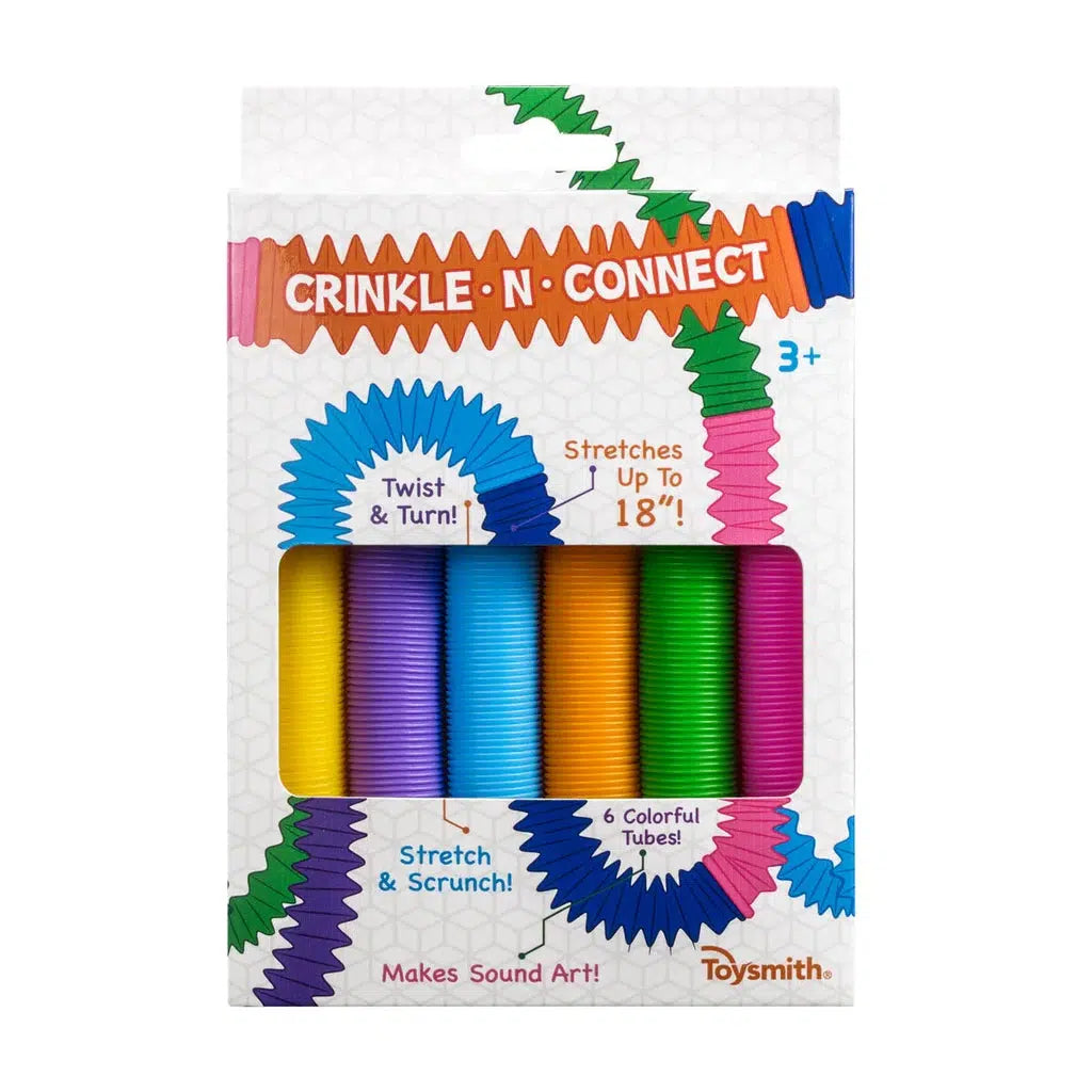 Packaging for Toysmith Crinkle-N-Connect, displaying six colorful tubes. Features include stretching, twisting, and sound-making for tactile play. Suitable for ages 3 and up, these tubes also offer visual stimulation while encouraging a music-making experience.