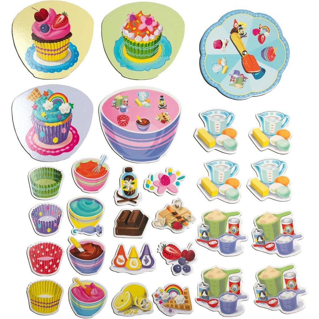 A colorful assortment of baking-themed stickers from eeBoo, featuring cupcakes, mixing bowls, blenders, utensils, and decorations on a white background—a delightful addition to any collection. Perfect for fans of the Cupcake Shaped Spinner Game or those who love an animal &amp; baking themed game.