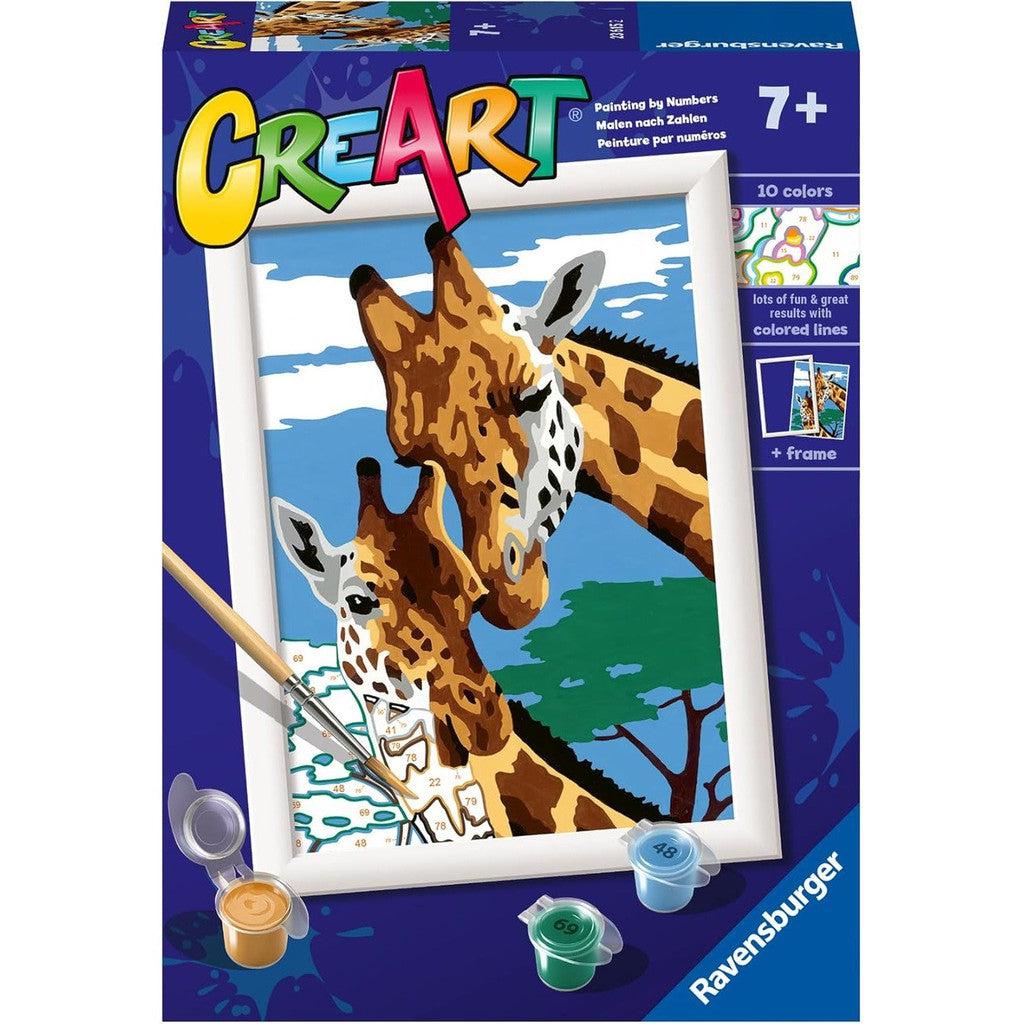 Introducing the Ravensburger Paint by Numbers Kit featuring two charming giraffes. This kids arts and crafts set includes colored lines, a vibrant paint palette, brush, and frame—perfect for young creatives aged 7 and up.