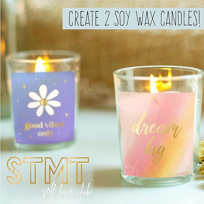 Create 2 Soy Wax Candles! Shows two candles, one says "good vibes only" and the other says "dream big"