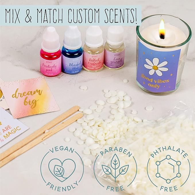 Another overview of candle kit, indicating to mix and match custom scents. Vegan friendly, paraben free, phthalate free