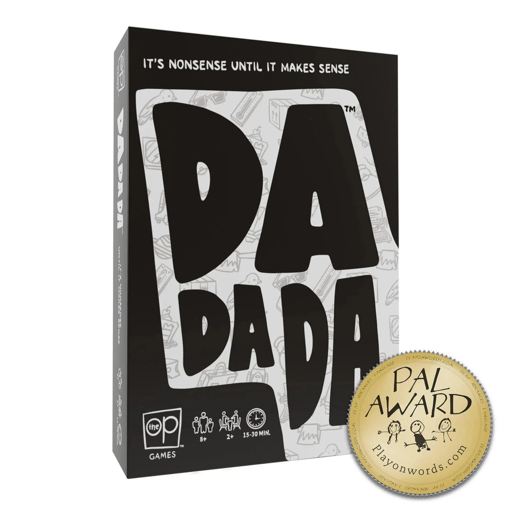 A black and white box for the outlandish party game "DADA DA," featuring a "PAL Award" seal. The tagline reads, "It's Nonsense Until It Makes Sense." Players: 3+, Ages: 8+, Time: 15-30 Min.