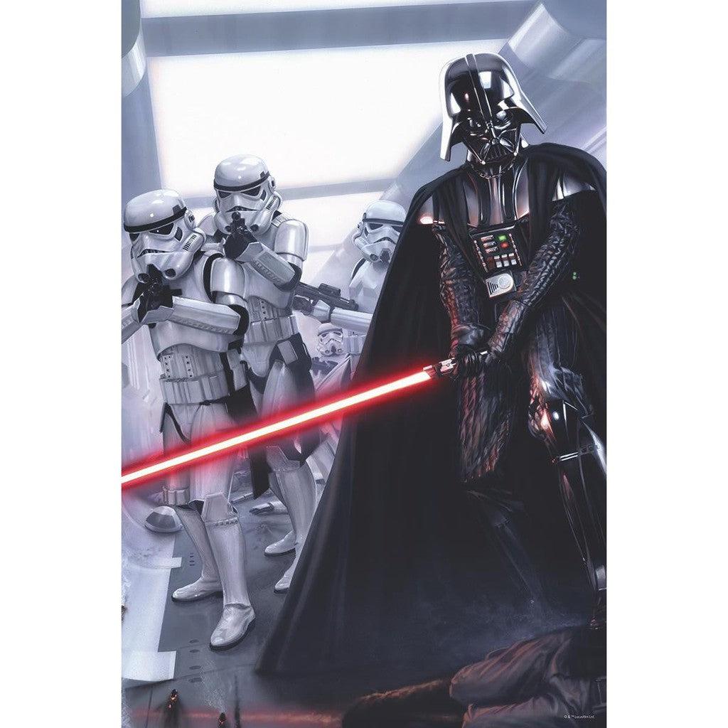 A figure in black armor with a red lightsaber stands in front of soldiers in white armor holding weapons, creating an iconic Star Wars Classic scene in a futuristic corridor.