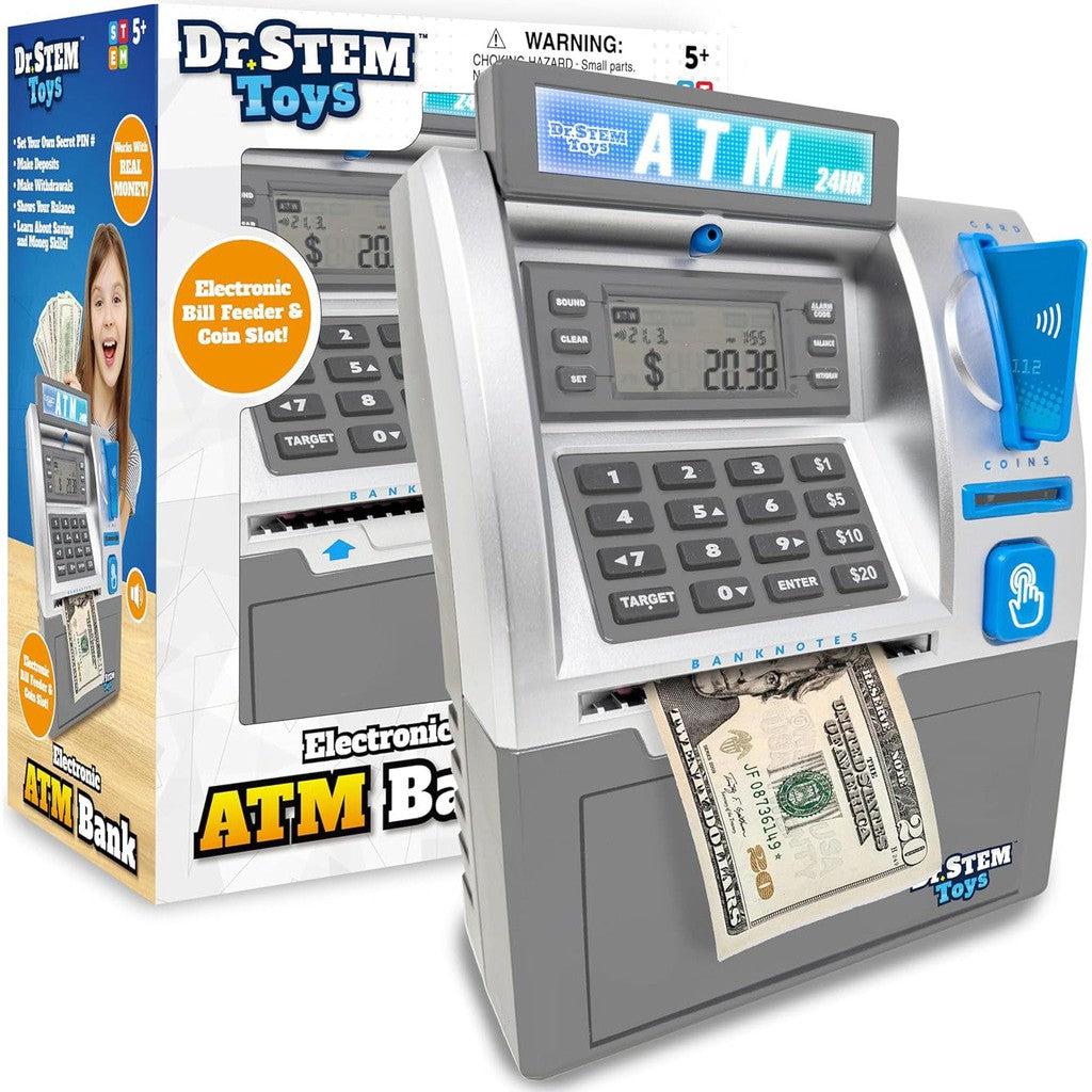 Packaging of a Dr. STEM Toys Electronic ATM Bank, featuring a STEM Toy ATM with a bill feeder and coin slot, perfect for young savers in the Kids ATM Savings Bank series.