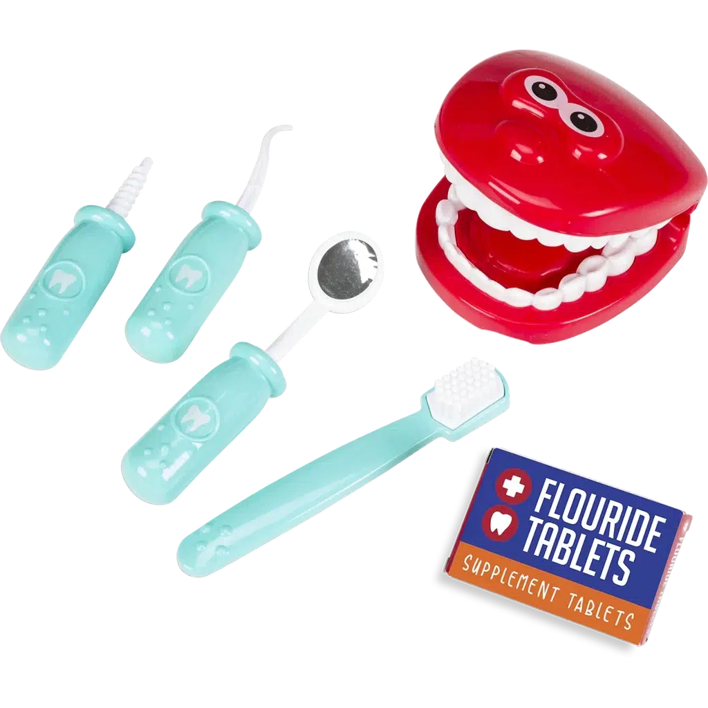 Dental care kit featuring a set of three dental tools, a red chattering model teeth, and a box labeled "Flouride Tablets Supplement Tablets." Perfect for pretend play or as an educational dentist set.