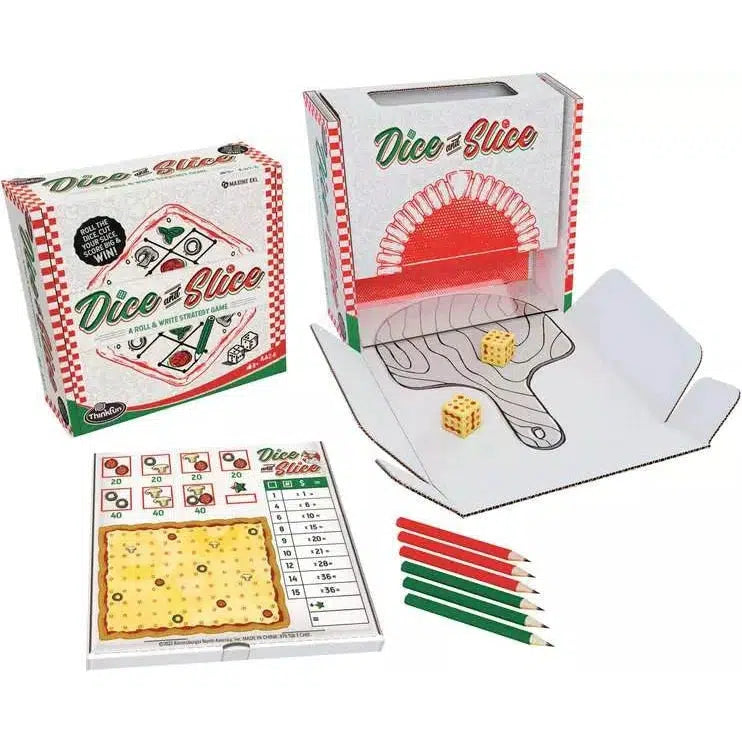 Overview of Dice and Slice game with play papers, dice, pencils