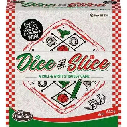 Dice and Slice game box resembles a green and red pizza box, indicating and roll and write strategy game