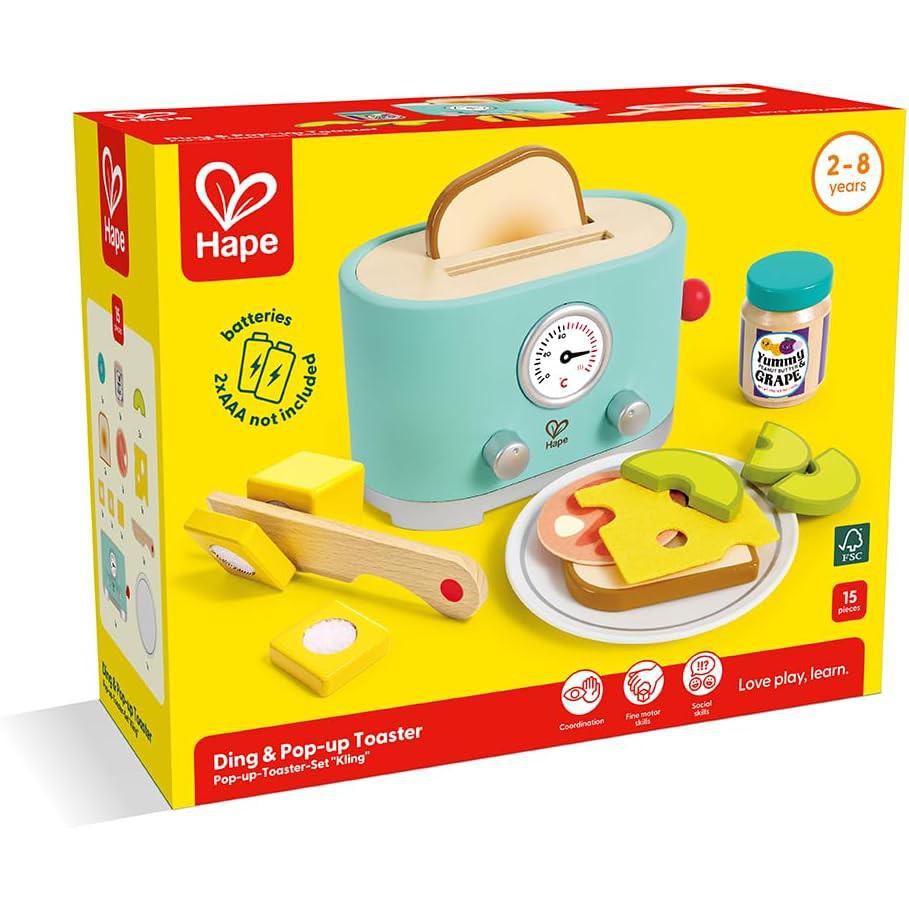 The Hape Ding and Pop-Up Toaster set, perfect for ages 2-8, includes a charming toaster, a jam jar, and delightful breakfast items. Batteries not included. 