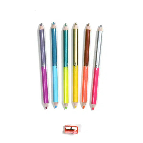 Six jumbo double-ended colored pencils arranged vertically on a white background, showcasing 12 vibrant colors, with a red pencil sharpener resting below them. Perfect for sketchbook adventures, these pencils add an artistic flair to your creative endeavors.