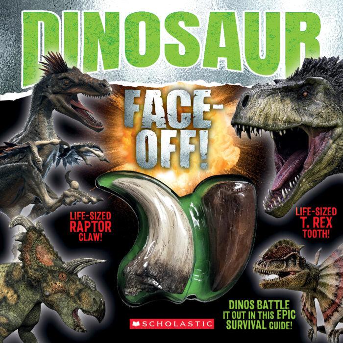 Dinosaur Face-off! a book that features dinosaurs roaring at each other. It also comes with Raptor Claw and T-Rex tooth replicas