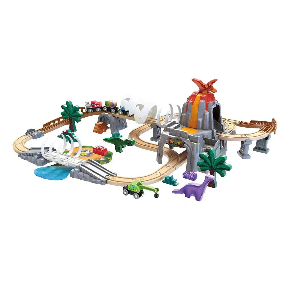 This Hape Toys train set includes tracks, bridges, dinosaur figures, trees, and a volcano for adventurous play.