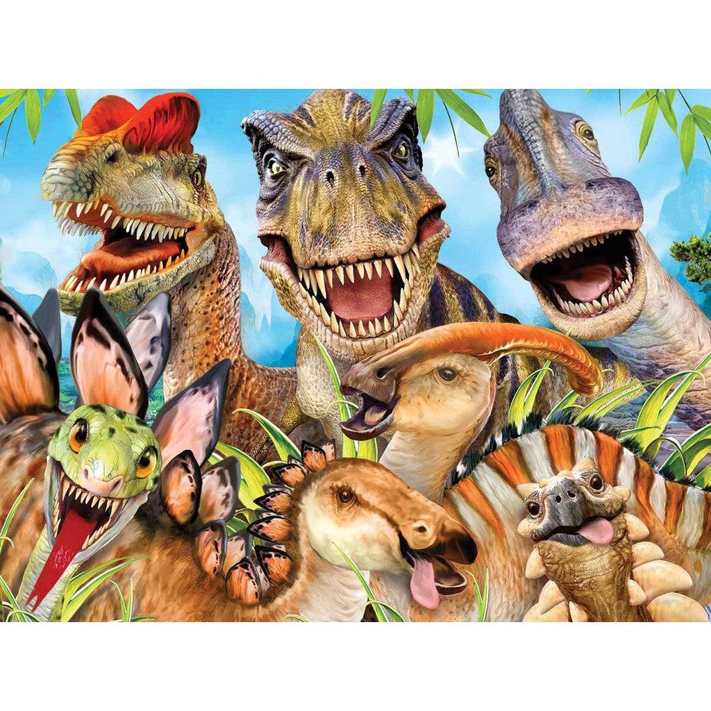 A group of colorful cartoon dinosaurs, as if posing for a dinosaur selfie, displays varied expressions among green plants under a bright blue sky.