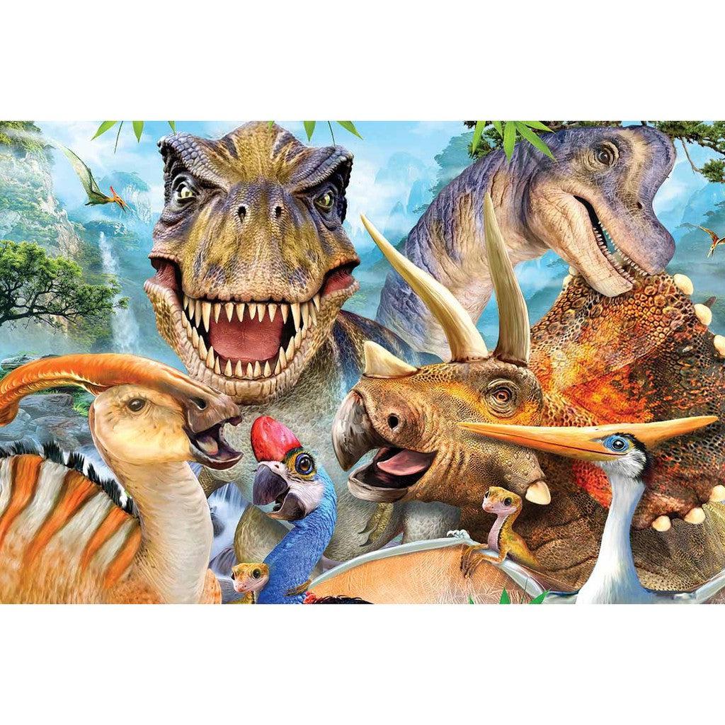 A variety of colorful dinosaurs in a lush prehistoric landscape, featuring a T-Rex, Triceratops, and various other species from Prime 3D Ltd., capture the perfect Dinosaur Selfie.