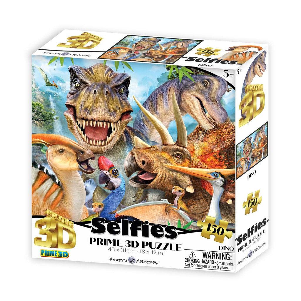 Discover the 150-piece "Dinosaur Selfie" 3D puzzle from Prime 3d Ltd, showcasing cartoon dinosaurs with expressive faces.