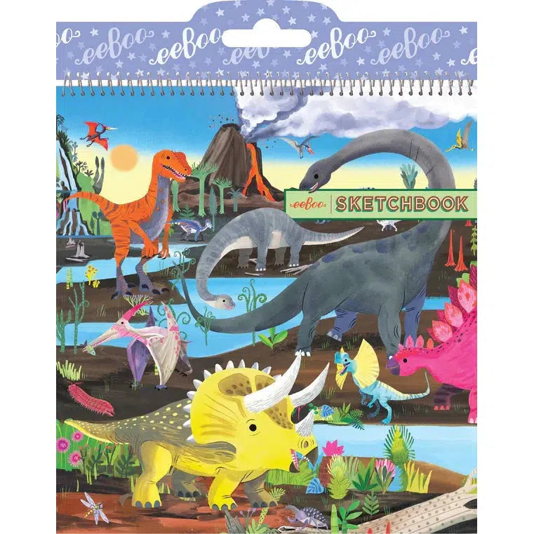 Colorful dinosaur-themed sketchbook cover with spiral binding, featuring various dinosaurs, a volcano, and a river landscape.